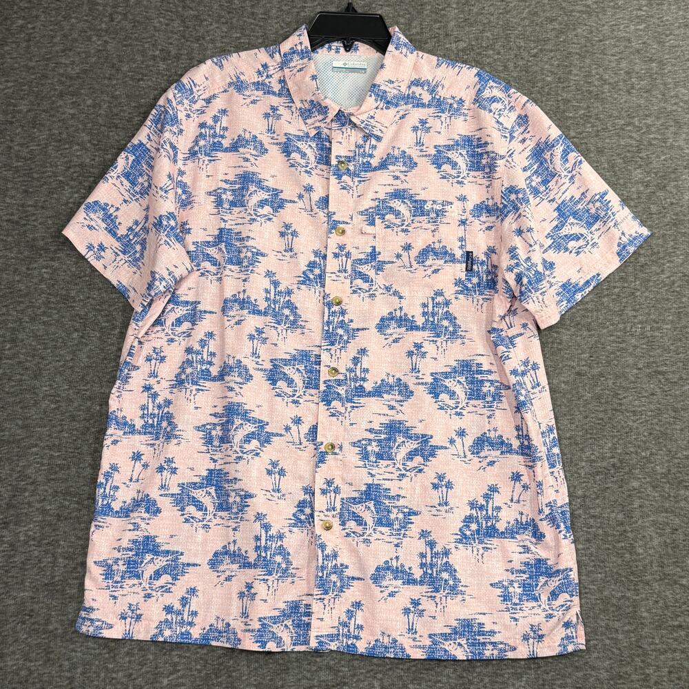 Columbia Shirt Mens size Large Pink PFG Tropical Vented Button Up Short Sleeve